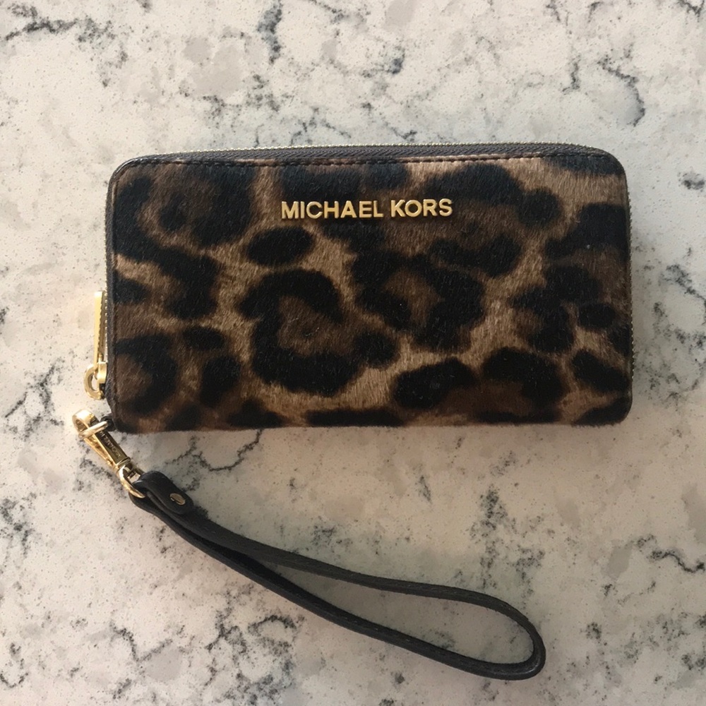 Michael Kors calf fur leopard wallet / wristlet